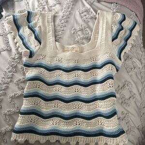 New Jessica Simpson Crochet Wave Knit Scoop Neck Top in Cream and Blue